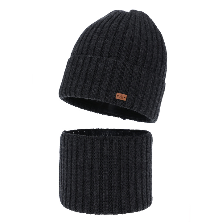 Boy's winter set: hat and tube scarf, dark gray, 100% merino wool, Umberto