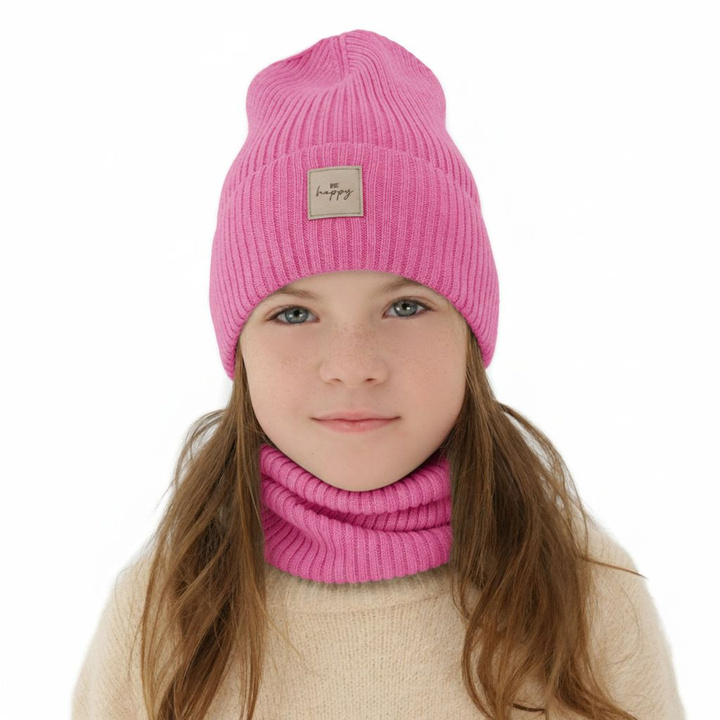 Girl spring, autumn set: hat and tube scarf, pink, 100% merino wool, Vanita