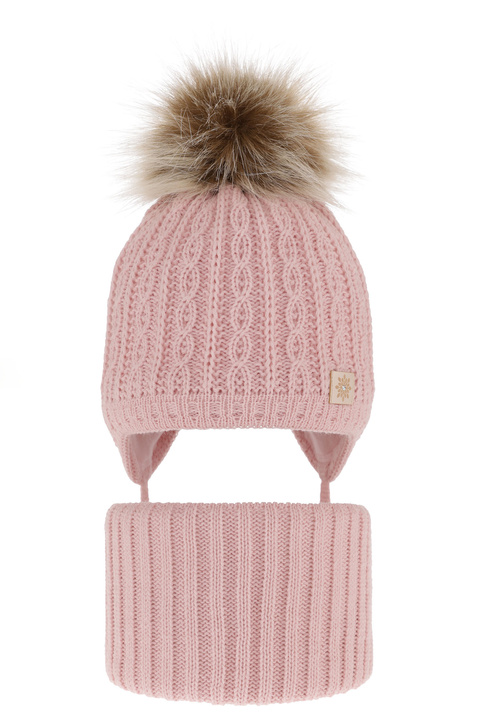 Girl's winter set: hat and tube scarf pink with pompom Passa