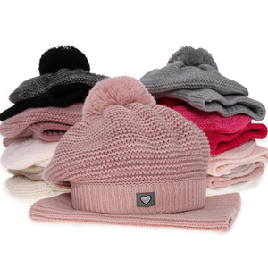Girl's winter set: hat and tube scarf grey Lira with pompom