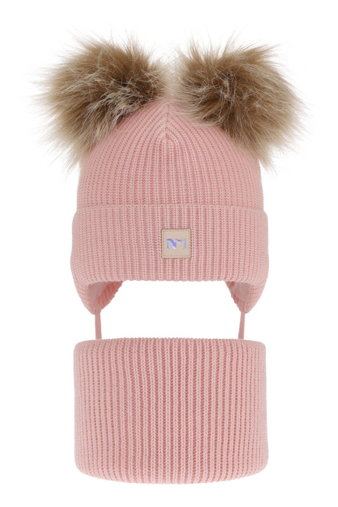 Girl's winter set: hat and tube scarf pink with two pompoms Kiara