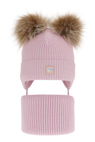Girl's winter set: hat and tube scarf violet with two pompoms Kiara