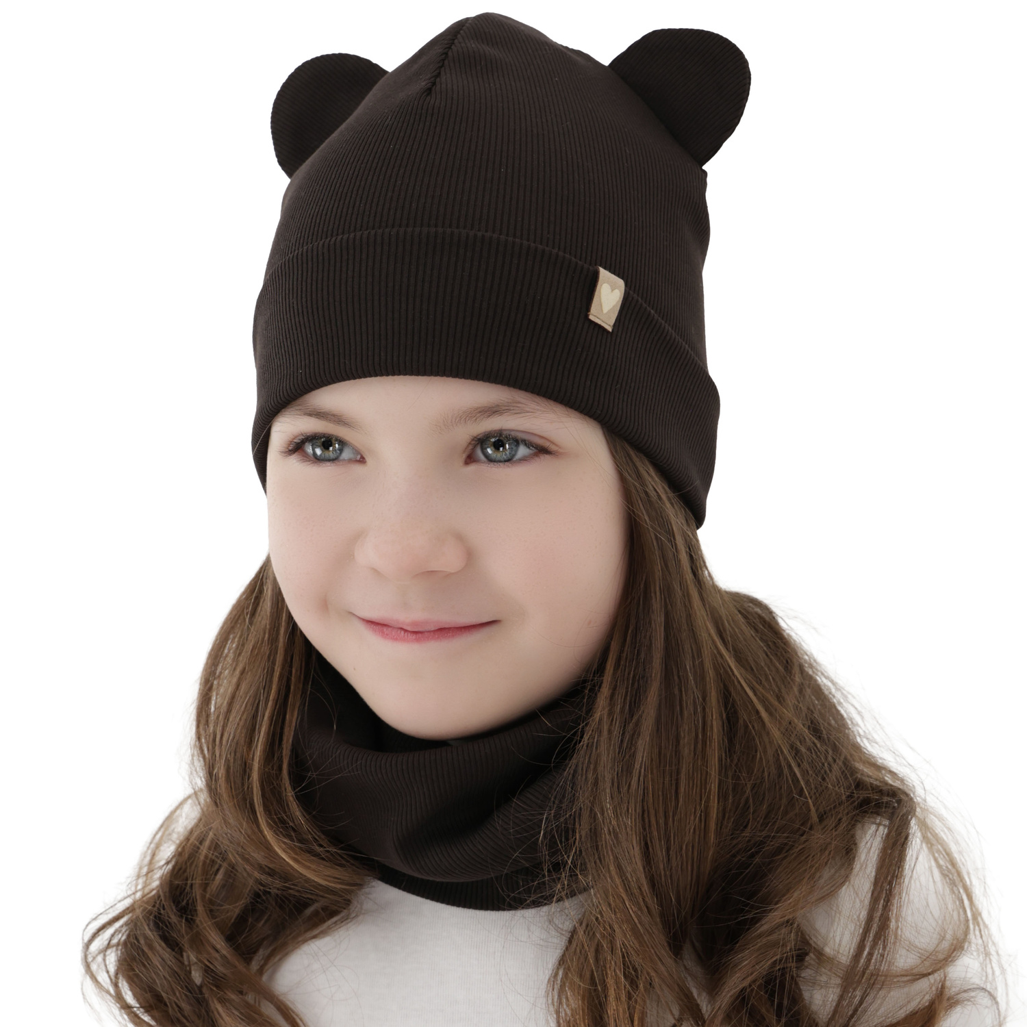 Girl's spring, autumn set: hat and tube scarf, dark brown, cotton, Luminia