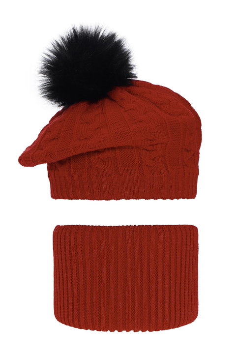 Girl's winter set: hat and tube scarf red Koffi with pompom