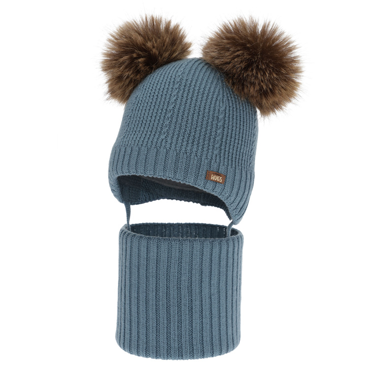 Boy's hat and snood, winter set, blue, 100% merino wool, lined with wool fleece, Lumio