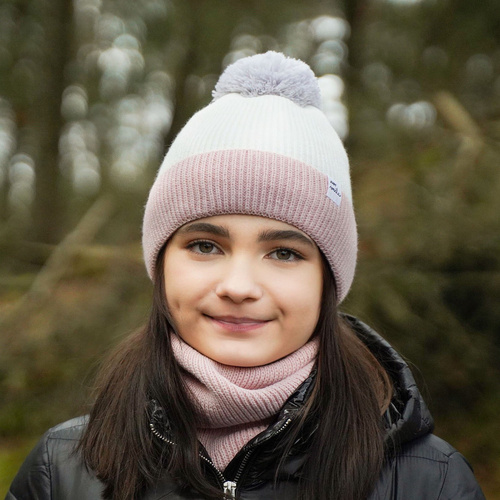 Girl's winter set: hat and tube scarf grey Rosalin with pompom