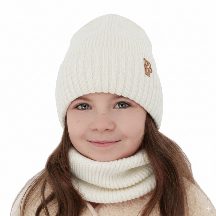 Girl's winter set: hat and tube scarf white 100% extra finemerino wool Nelita