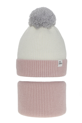 Girl's winter set: hat and tube scarf pink Rosalin with pompom
