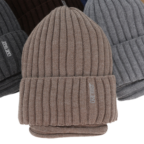 Boy's winter set: hat and tube scarf, beige, with merino wool, fleece lining, Banasko