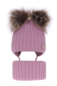 Girl's winter set: hat and tube scarf violet Telisa with two pompom