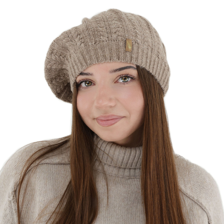 Woman's winter beret, dark beige, with merino wool, Senja