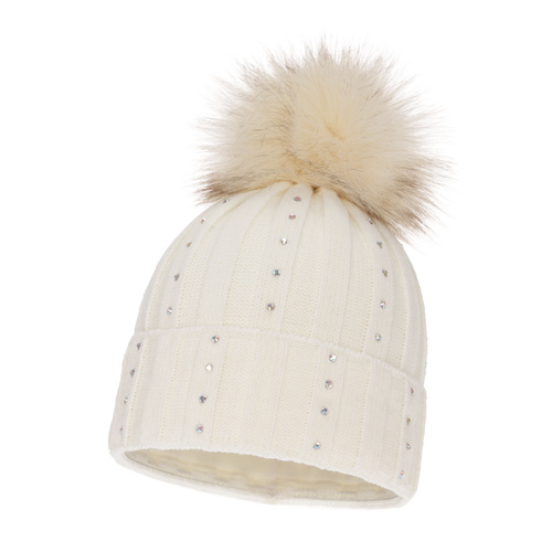 Woman's winter hat ecru Mada with pompom