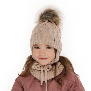 Girl's winter set: hat and tube scarf grey Elena with pompom