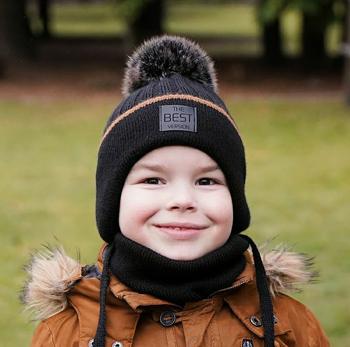 Boy's winter set: hat and tube scarf black Orlando with pompom