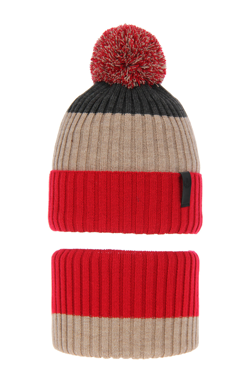 Boy's winter set: hat and tube scarf red Karson with pompom