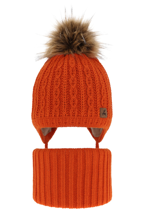 Boy's winter set: hat and tube scarf orange Pago with pompom