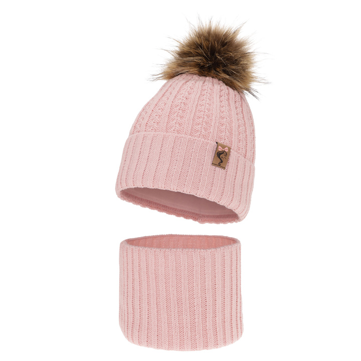 Girl's winter set: hat and tube scarf pink Larina with pompom