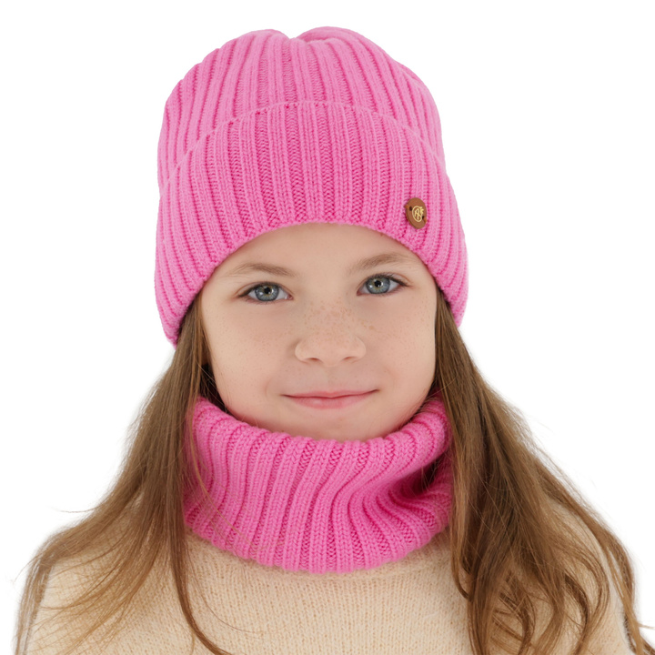 Girl's winter set: hat and tube scarf, pink, 100% merino wool, cotton lining, Vanira