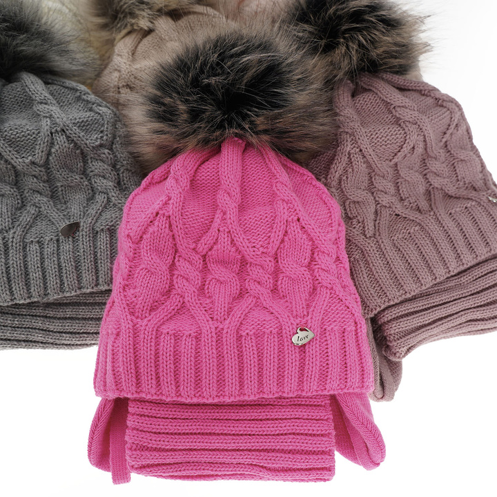 Girl's winter set: hat and tube scarf white Elena with pompom