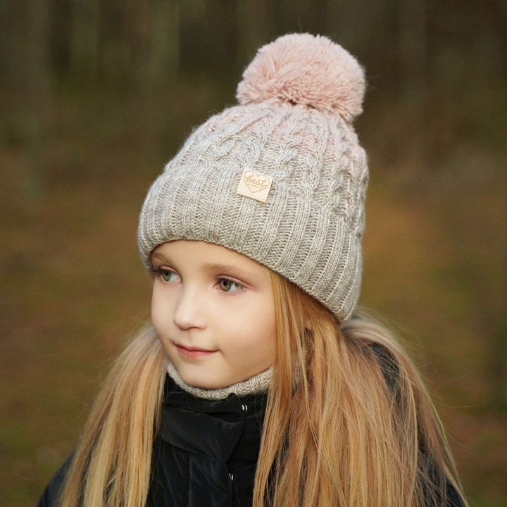 Girl's winter set: hat and tube scarf pink Zendaya with pompom