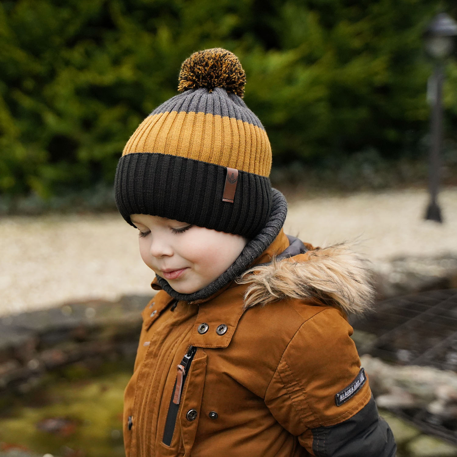 Boy's winter set: hat and tube scarf red Karson with pompom