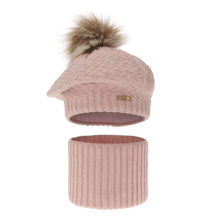 Girl's winter set: hat and tube scarf pink Atene with pompom