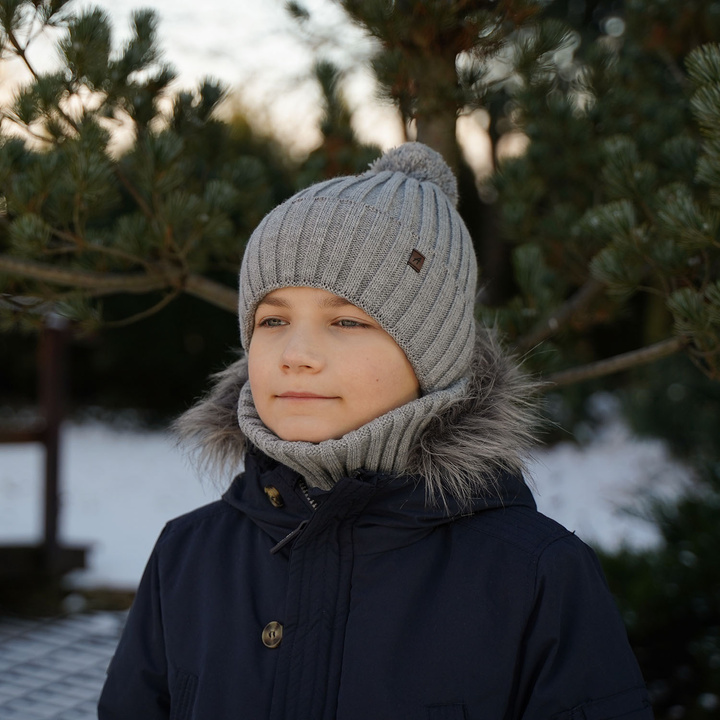 Boy's winter set: hat and tube scarf grey Wiliam with pompom