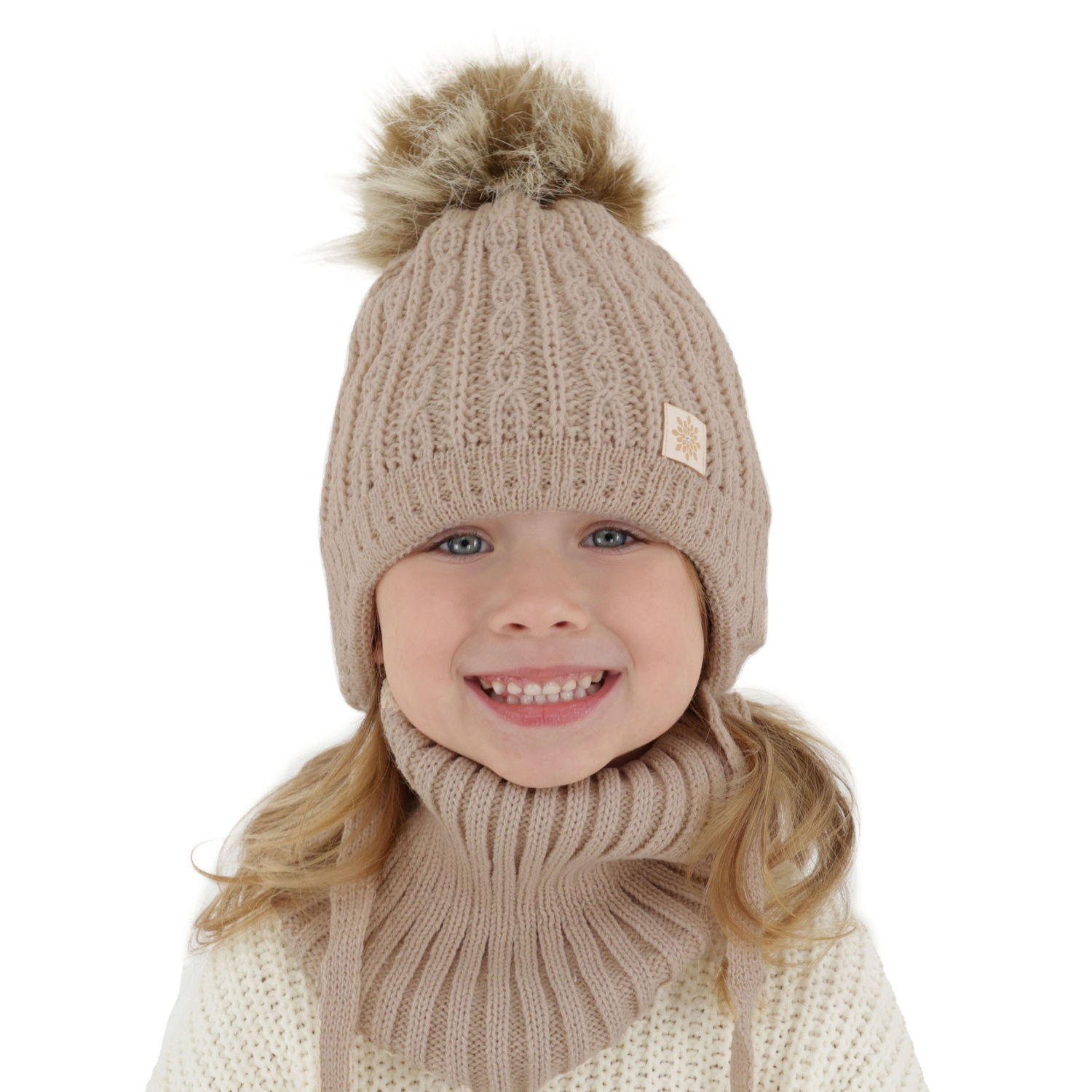Girl's winter set: hat and tube scarf beige with pompom Passa