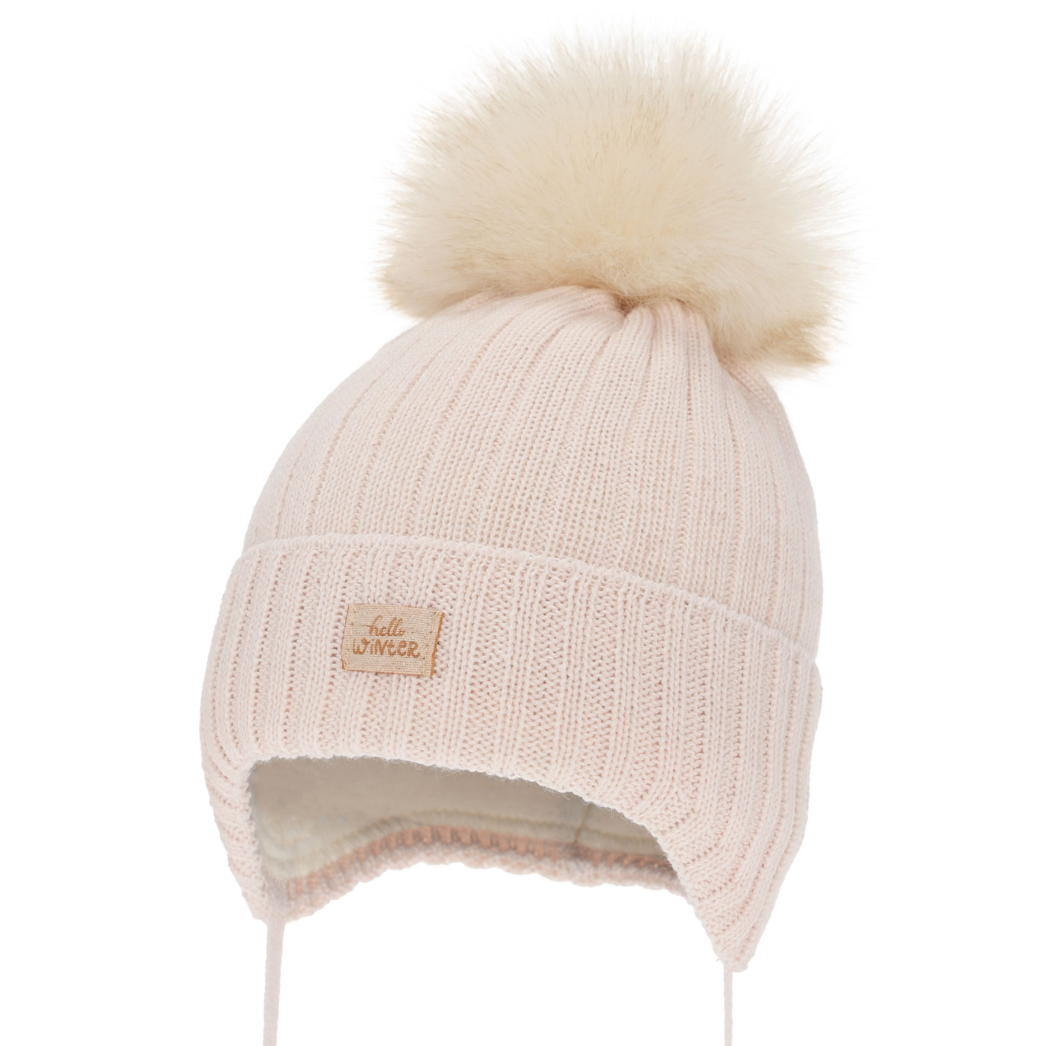 Girl's winter hat, light pink, with ears, with merino wool, Basma