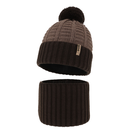 Boy's winter set: hat and tube scarf brown with pompom Leo