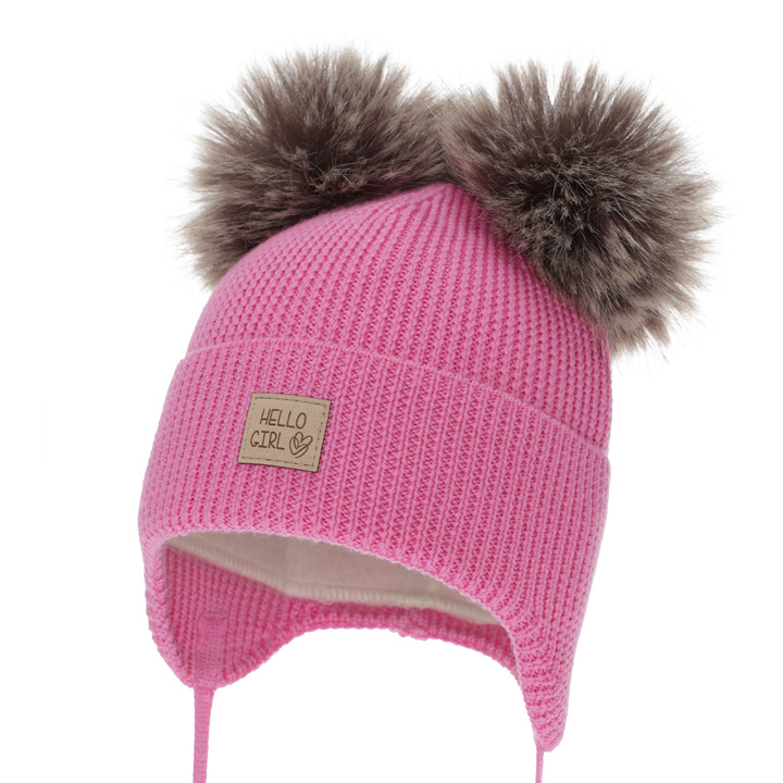 Girl's winter hat, pink, 100% merino wool, wool fleece lining, with ears, Trudina