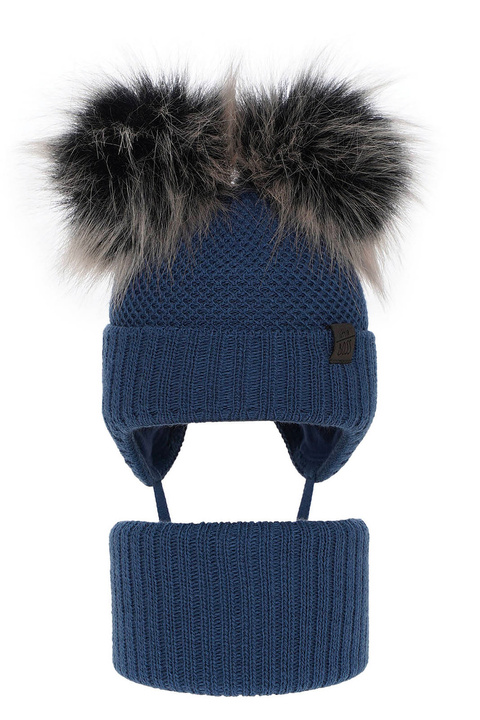 Boy's winter set: hat and tube scarf navy blue Randel with two pompom