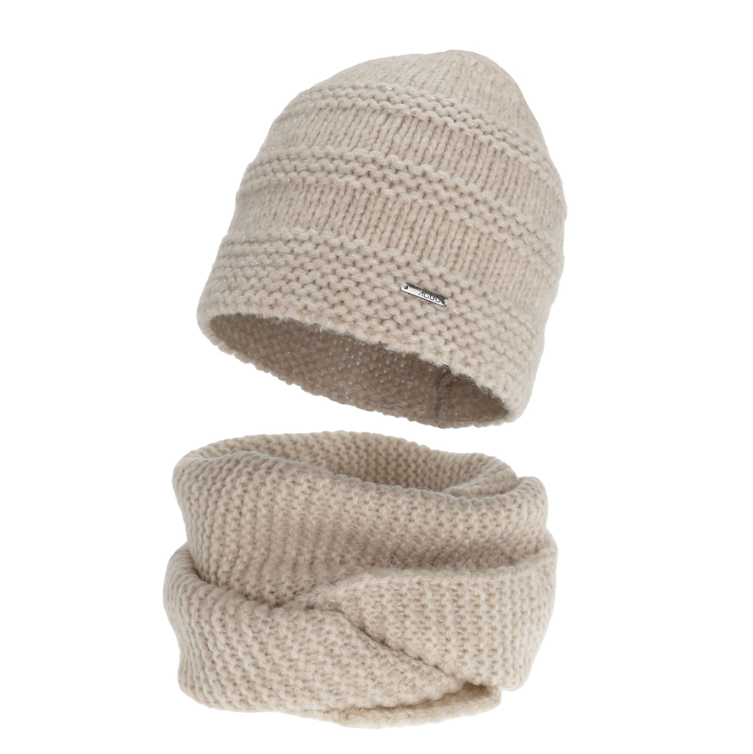 Woman's winter set: hat and tube scarf, light beige, with merino wool, Driva