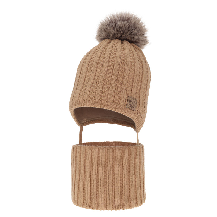 Boy's winter set: hat and tube scarf camel Endo with pompom