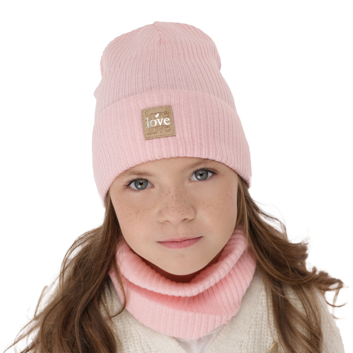 Girl's spring/ autumn set: hat and tube scarf, with cotton, pink Furora