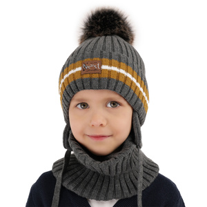 Boy's winter set: hat and tube scarf mustard with pompom Echo