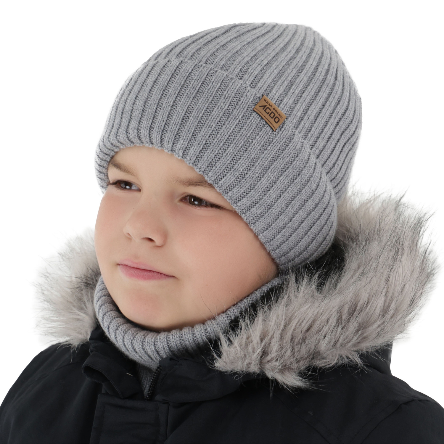Boy's winter set: hat and tube scarf, beige, 100% merino wool, with merino wool lining, Domin