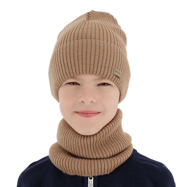 Boy's spring/ autumn set: hat and tube scarf camel 100% extra finemerino wool Intro