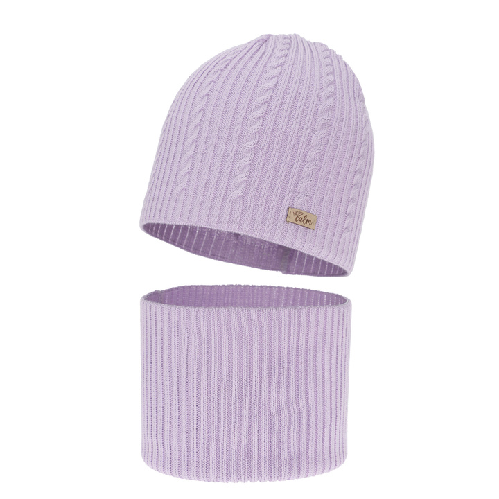 Girl's spring, autumn set: hat and tube scarf, purple, with cotton, Ordesa