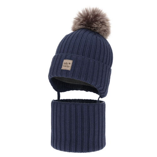 Boy's winter set: hat and tube scarf, blue, 100% extra fine merino wooll, lined with wool fleece Morti