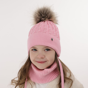 Girl's winter set: hat and tube scarf ecru with pompom Tukana 