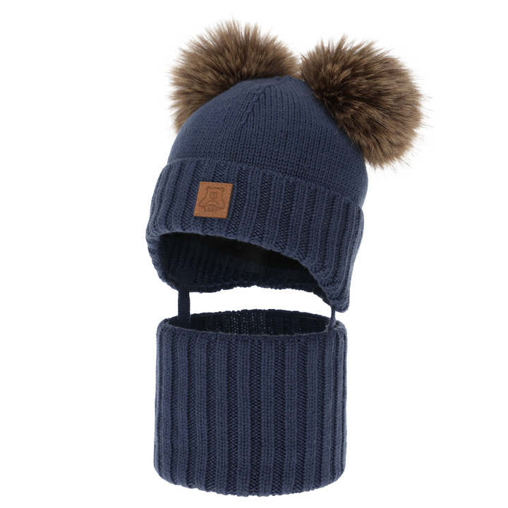 Boy's hat and tube scarf, winter set, dark blue, 100% merino wool, lined with wool fleece, Ronik