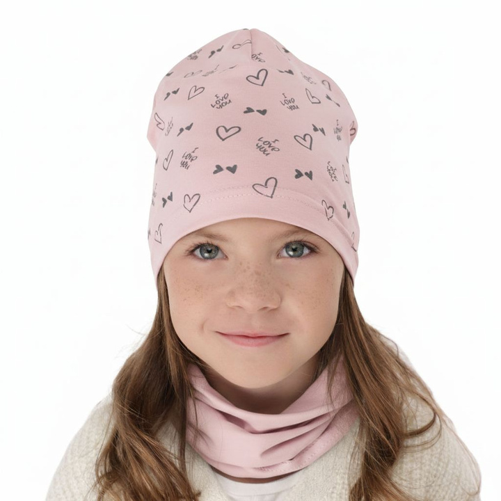 Girl's spring/ autumn cotton set: hat and tube scarf pink Lovena