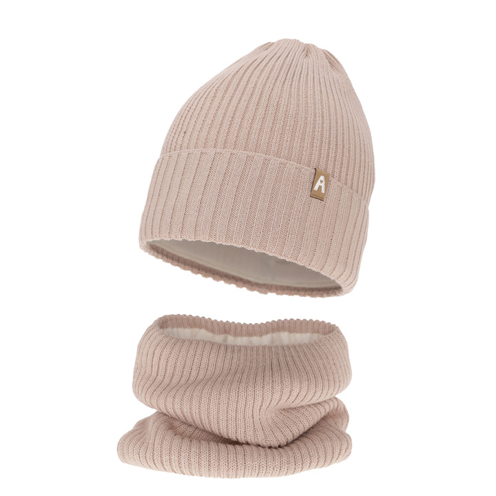 Girl's winter set: hat and tube scarf beige merino wool Peggy