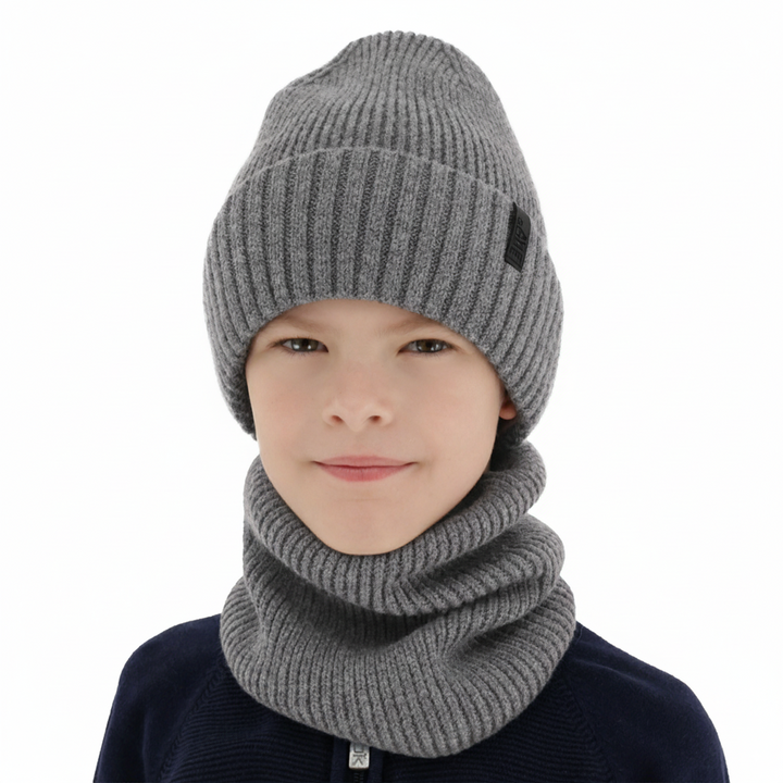 Boy's winter set: hat and tube scarf, 100% merino wool, with merino wool lining, grey Harbin