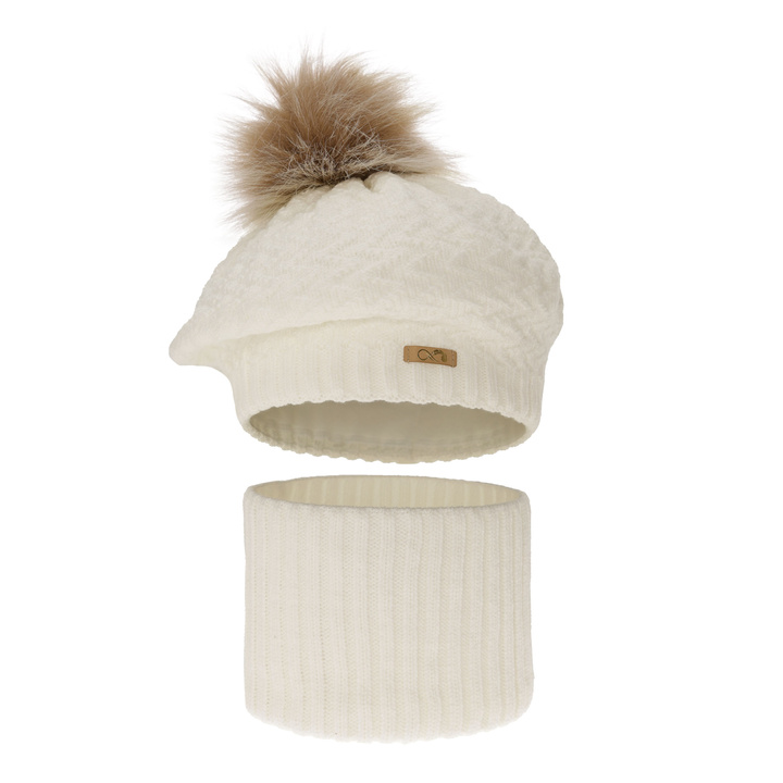 Girl's winter set: hat and tube scarf ecru Atene with pompom