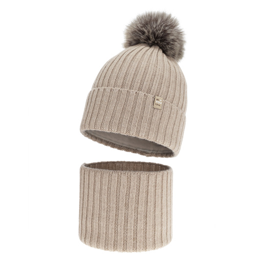 Girl's winter set: hat and tube scarf, beige, 100% merino wool, cotton lining, with pompom, Terida