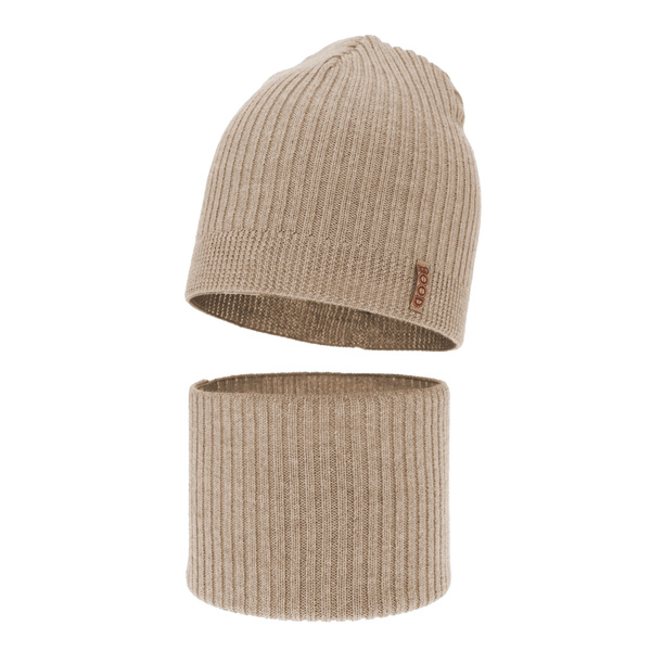 Boy's spring/ autumn set: hat and tube scarf beige 100% extra finemerino wool Chester