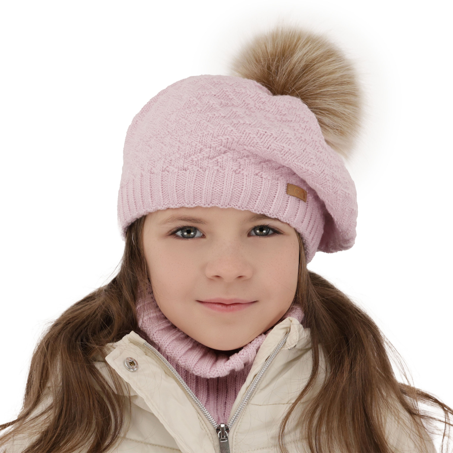 Girl's winter set: hat and tube scarf pink Atene with pompom