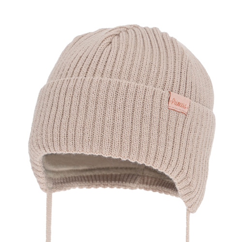Girl's winter hat, beige, with ears, with merino wool, Punia
